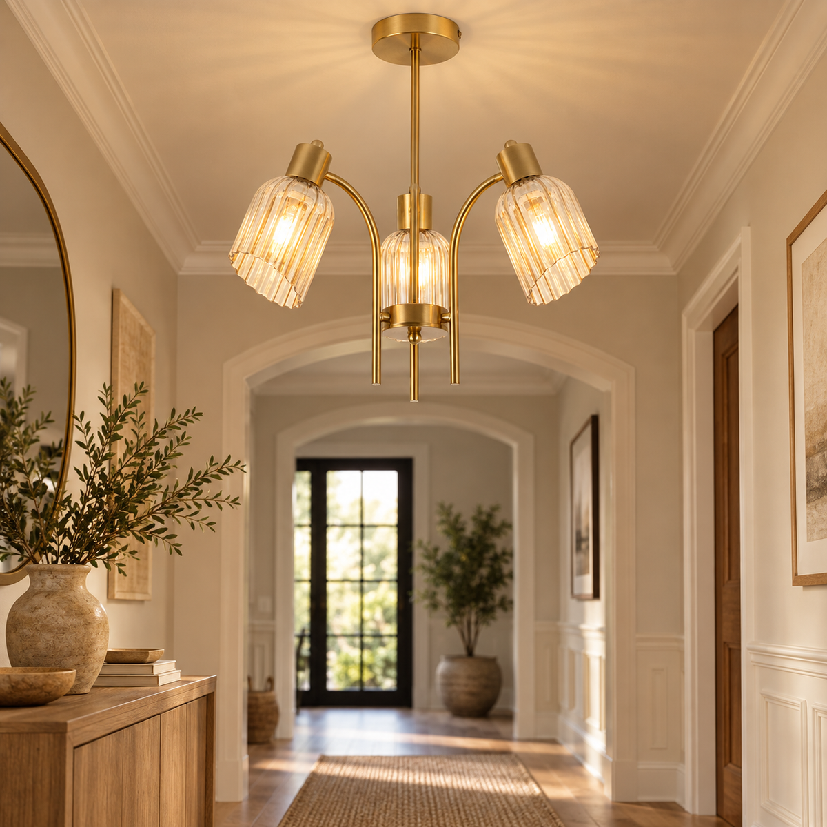 Amara Gold & Amber Fluted Glass 3-Light Chandelier