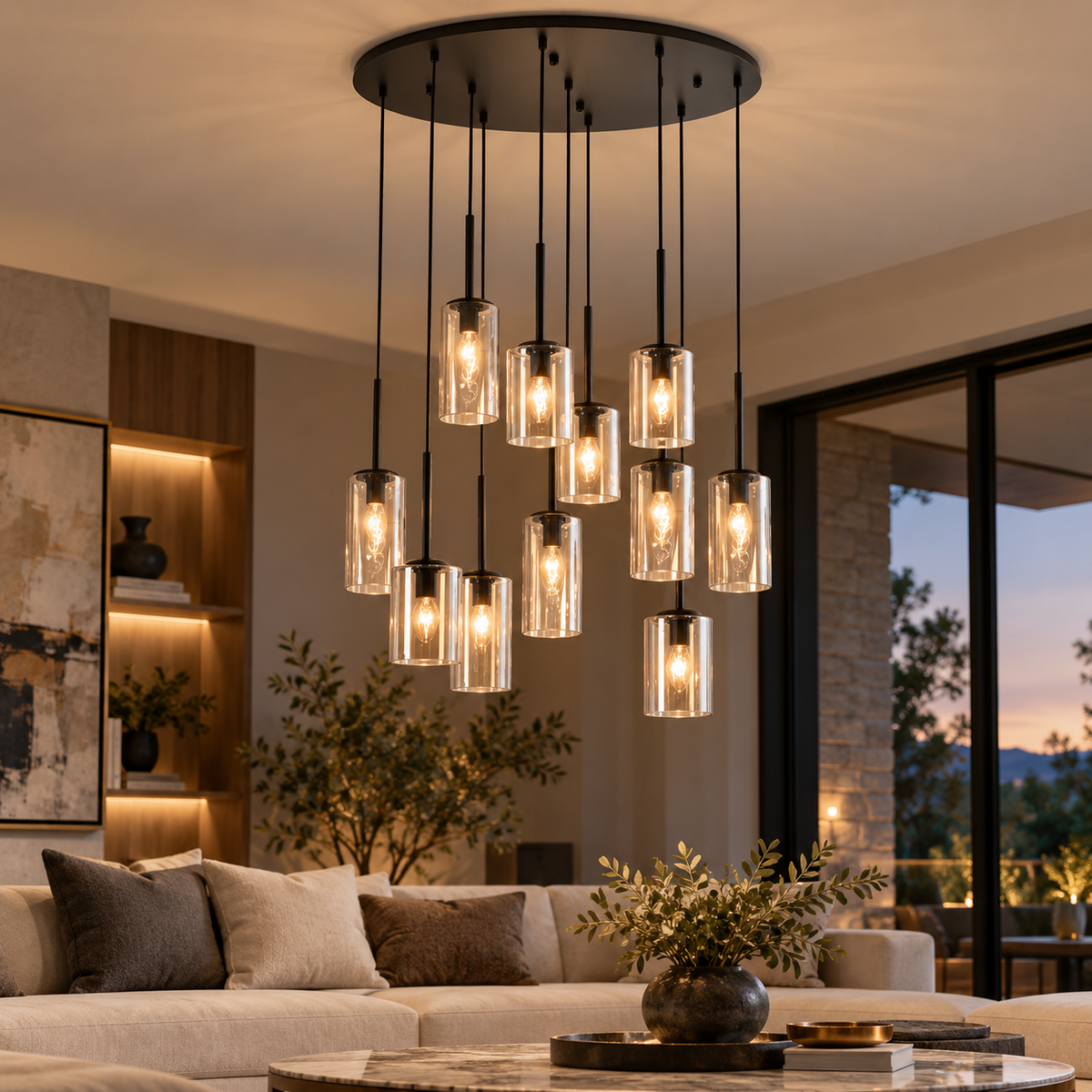 Cascade 11-Light Amber Glass Cluster Pendant