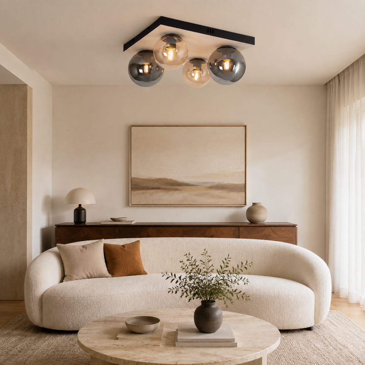 Ember Travertine & Amber Glass Ceiling Light