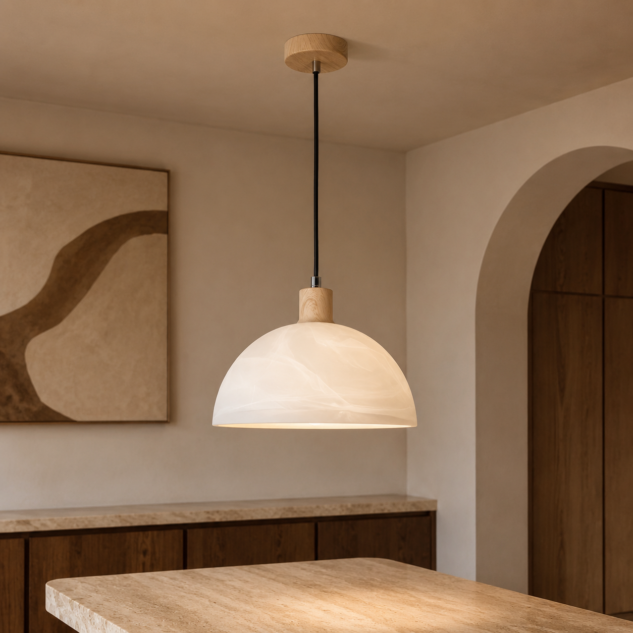 Alba Wood-Finish & Alabaster Glass Pendant