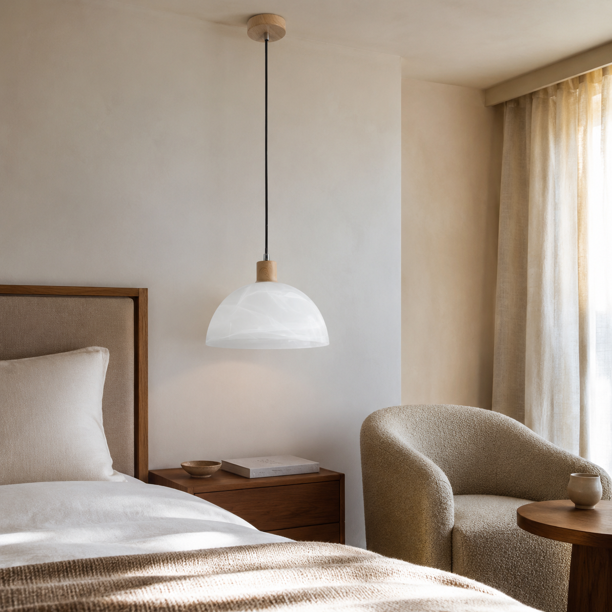 Alba Wood-Finish & Alabaster Glass Pendant