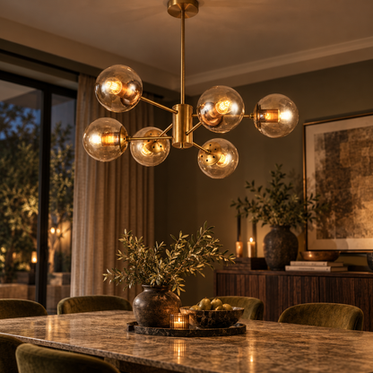 Saffron Antique Brass & Amber Glass Chandelier
