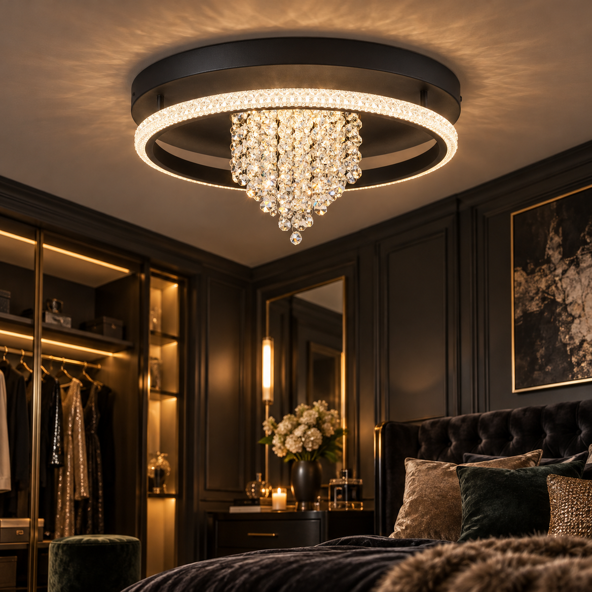 Crystalline Sandy Black & Crystal CCT LED Ceiling Light
