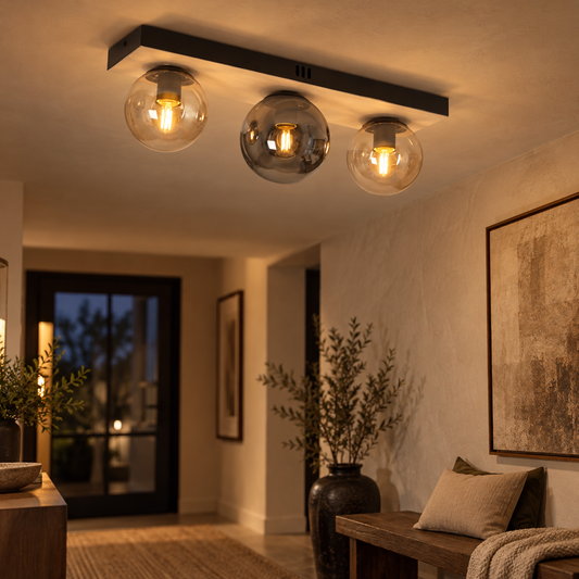 Ember 3-Light Travertine & Amber Glass Linear Ceiling Light