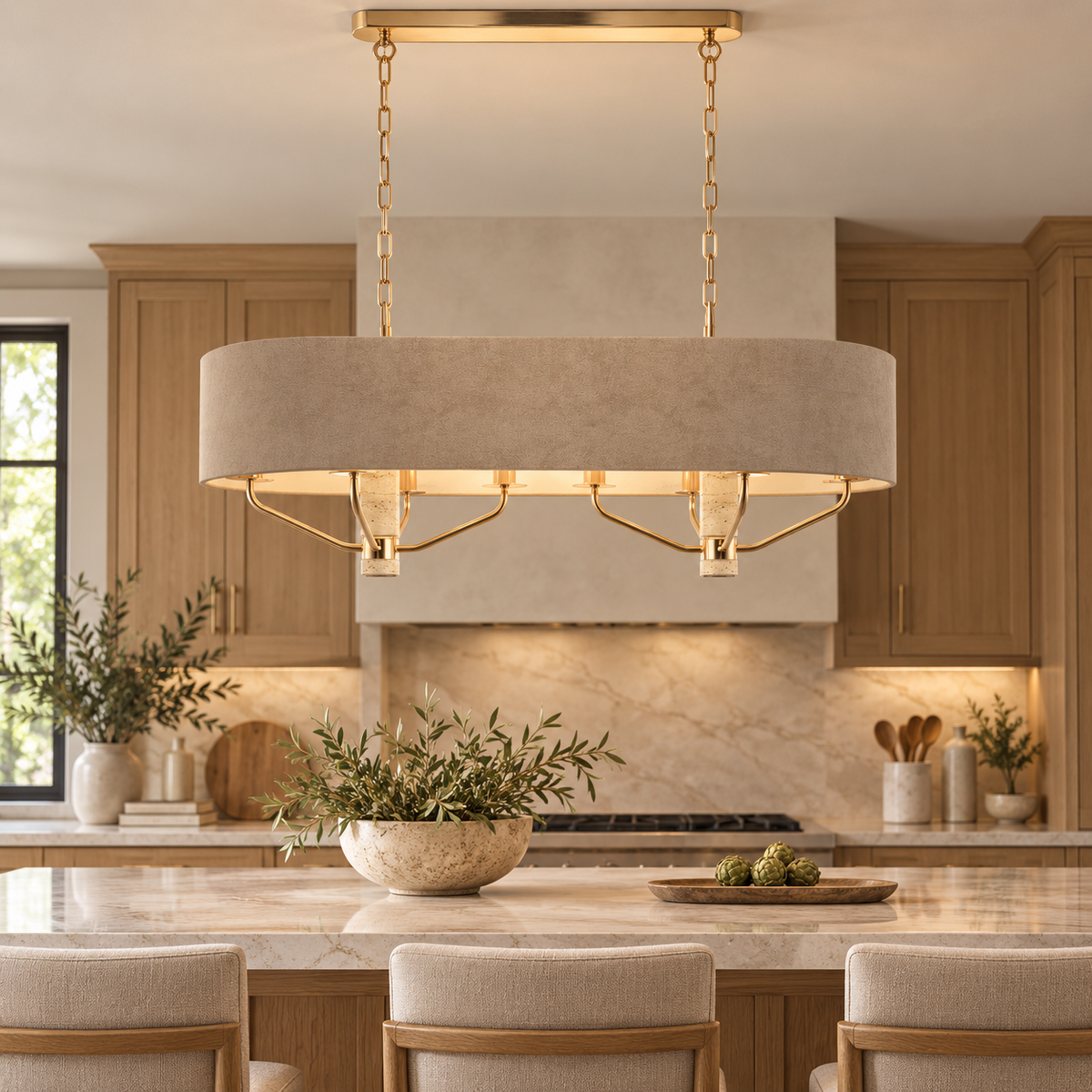 Travera Champagne Gold & Travertine Linear Chandelier