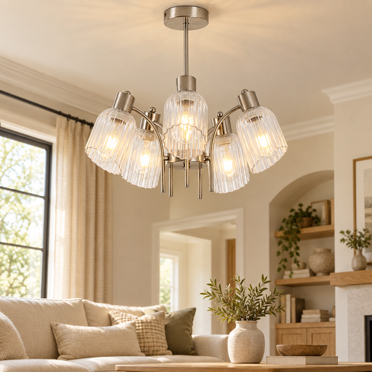 Reeva Satin Chrome & Fluted Glass 5-Light Chandelier