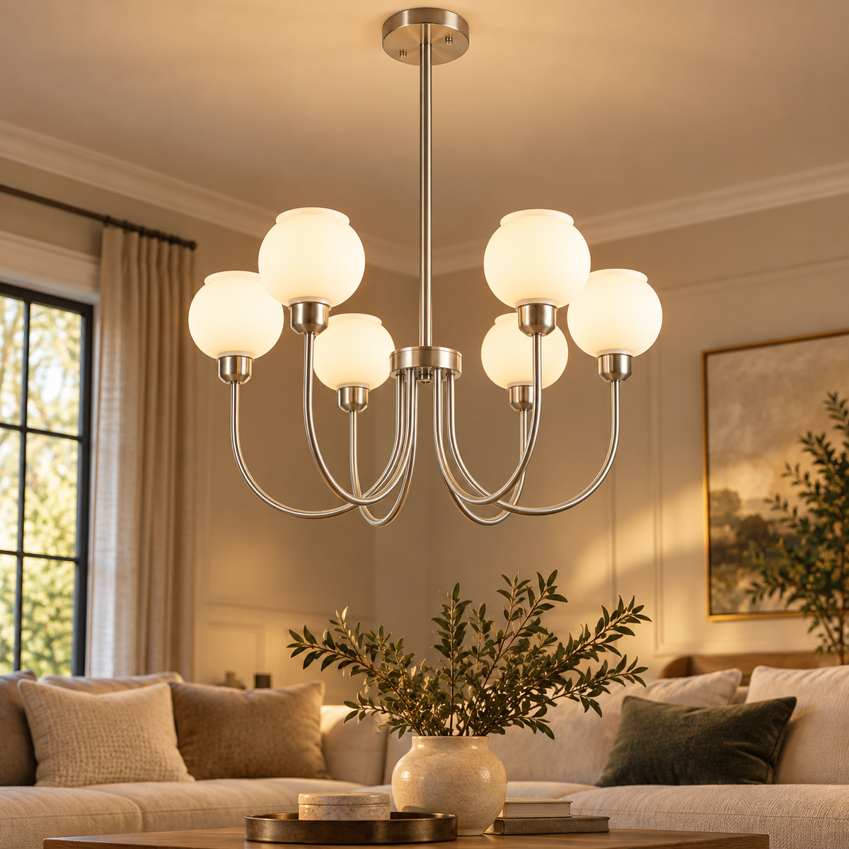 Opaline Satin Chrome & White Glass 6-Light Chandelier