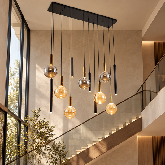 Cascade Black & Gold 12-Light Amber & Smoke Cluster Pendant