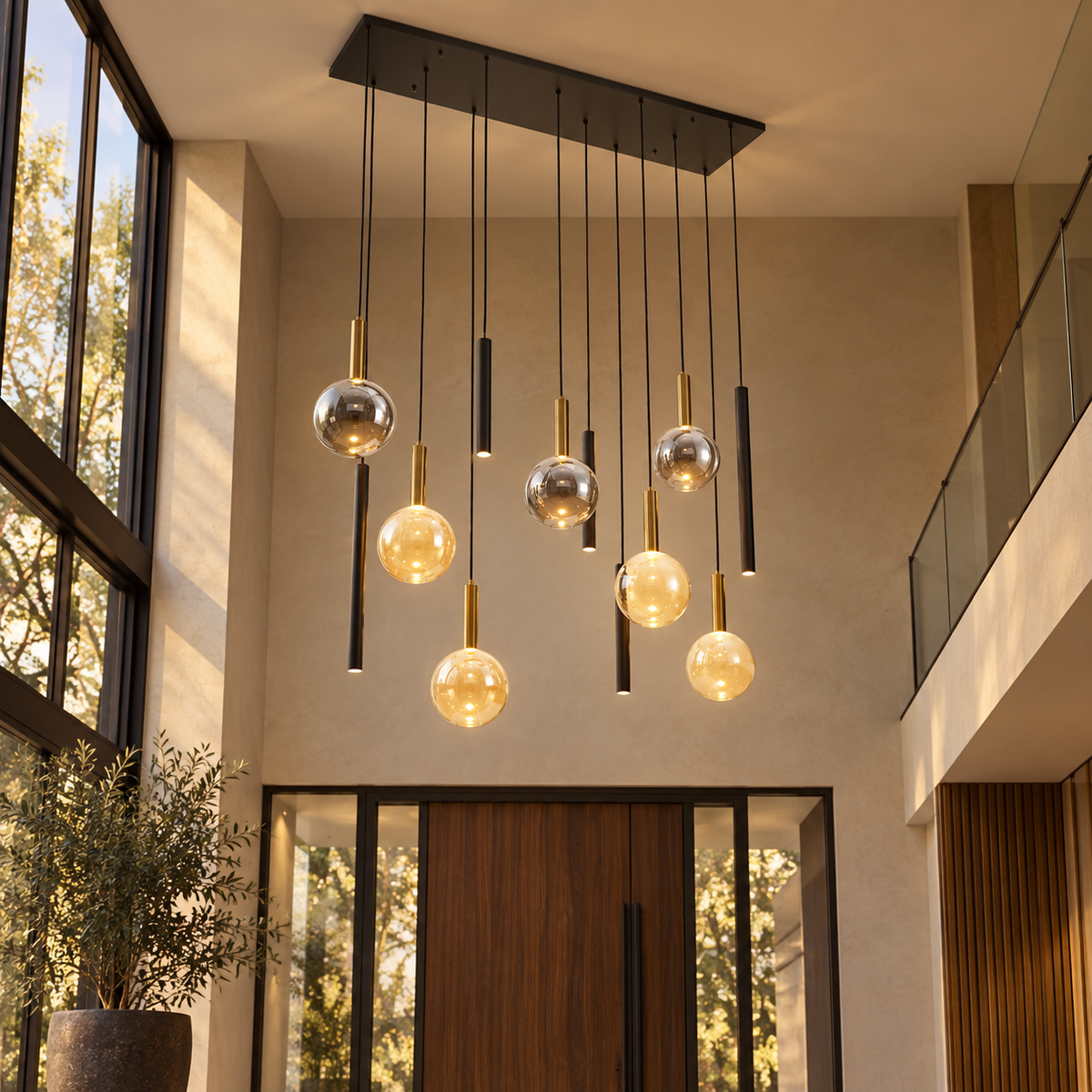 Cascade Black & Gold 12-Light Amber & Smoke Cluster Pendant
