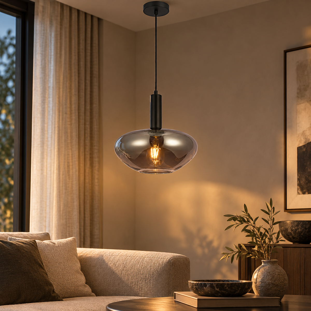 Onyx Black & Smoke Glass Dome Pendant