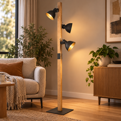 Timber Trio Black & Wood 3-Light Floor Lamp