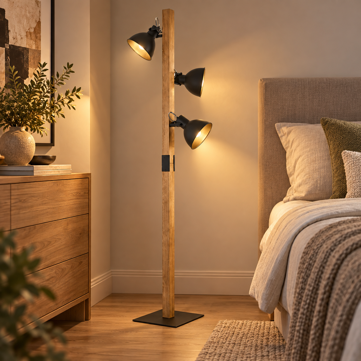 Timber Trio Black & Wood 3-Light Floor Lamp