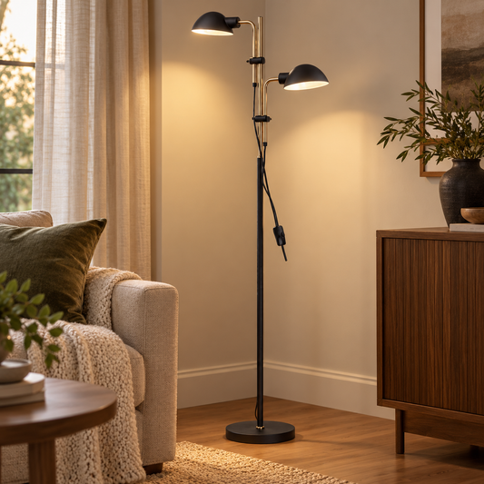 Pivot Twin Sand Black & Antique Brass Floor Lamp