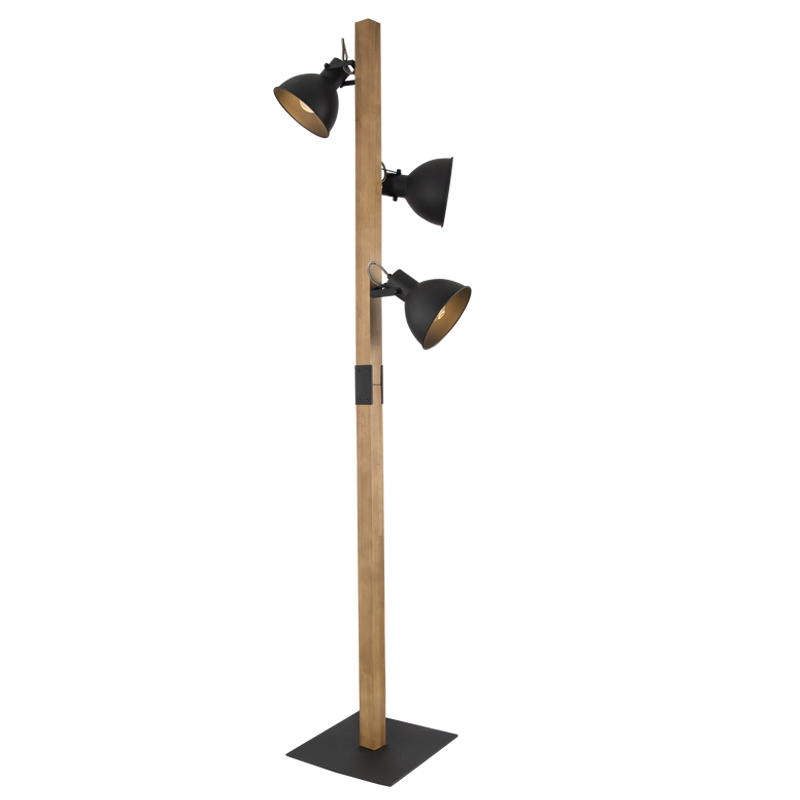 Timber Trio Black & Wood 3-Light Floor Lamp