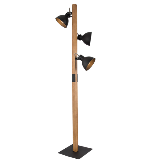 Timber Trio Black & Wood 3-Light Floor Lamp
